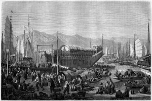Bateau des Fleurs, un restaurant et lieu de divertissement dans le port de Shanghai en 1860, Chine. Gravure par Grandsire, dans « Le Tour du Monde, Nouveau journal des Voyages », édité par Edouard Charton, Paris - Pierre Eugene Grandsire