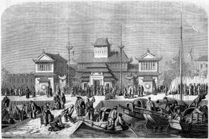 Vue des douanes dans le port de Shanghai en 1860, Chine. Gravure par Grandsire, dans « Le Tour du Monde, Nouveau journal des Voyages », édité par Edouard Charton, Paris