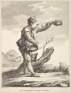 Petit garçon tenant une couronne et un panier de fleurs, du Deuxième Livre de Figures, après 1757 - Pierre François Tardieu