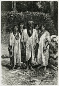 Chef Lacandon et types Lacandon, peuple maya vivant dans les jungles du Chiapas (Mexique). Gravure par P. Fritel, pour illustrer l