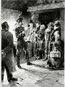 Un officier allemand demande Boule de suif en échange de la liberté de tous les passagers arrêtés dans la diligence. Dans « Boule de suif » de Guy de Maupassant (1850-1893). Illustration de P. G. Jeanniot (1848-1934). Publié chez Ollendorff - Pierre Georges Jeanniot