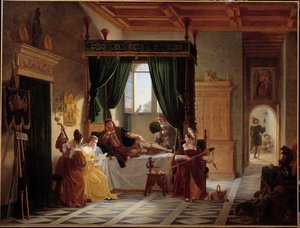 La convalescence de Bayard. Le chevalier Pierre Terrail, seigneur de Bayard (1476-1524) en convalescence après le siège de Brescia. Peinture par Pierre Henri Revoil (1776-1842) 19ème siècle - Pierre Henri Revoil
