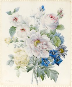 Un bouquet de fleurs comprenant une pivoine, des roses, un hibiscus, des asters, une gentiane et un papillon bleu imaginaire