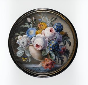 Boîte en écaille avec une miniature de fleurs dans un vase en pierre sur une dalle de marbre, 1827