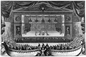 Troisième jour : Le Malade imaginaire (par Molière), comédie représentée dans le Jardin de Versailles devant la Grotte en 1676 (Gravure de Pierre Lepautre)