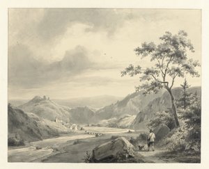 Paysage vallonné avec chasseur et chien sur le chemin - Pierre Louis Dubourcq