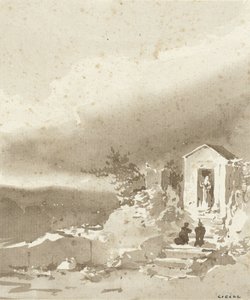 Deux personnes agenouillées sur les marches devant une petite chapelle dans les montagnes - Pierre Luc Charles Ciceri