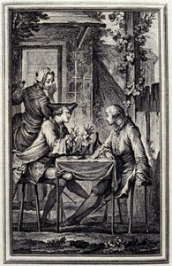 Le raccommodeur de moules. Dans « Contes et nouvelles en vers » par Jean de La Fontaine, Amsterdam 1776. Illustré par P.P. Choffard - Pierre Philippe Choffard