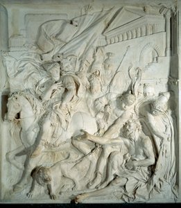 Alexandre le Grand (356 av. J.-C.-323 av. J.-C.) rencontre le philosophe grec Diogène le Cynique (413 av. J.-C.-327 av. J.-C.) dans son tonneau. Bas-relief en marbre par Pierre Puget (1620-1694) 1693. De la Salle des Cent Suisses (Louvre). Paris, Musée du 