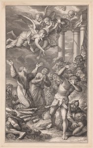 Cosmas et Damianus sur le bûcher, entourés de soldats et d