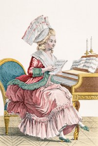 Jeune Femme Étudiant la Musique à son Clavecin, gravé par J. Pelicier, planche 149 de 