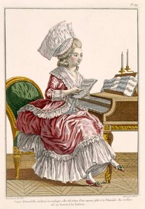 Jeune femme étudiant la musique à son clavecin, planche 149 de 