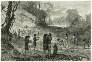 Jeux de javelot entre 2 tribus de Zaparros, les hommes pratiquent et les femmes tournent autour des joueurs sans crainte et leur servent des boissons. Gravure par Vignal, pour illustrer l