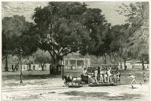 Tramway tiré par des chevaux, dans le port de Para (Brésil), sur le largo de Nazareth. Gravure par Vignal, pour illustrer l
