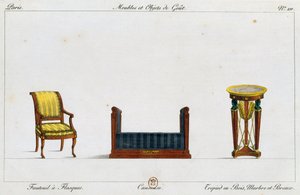 Fauteuil à oreilles, canapé et table tripode, planche 211, illustration de Collection de meubles et objets de goût
