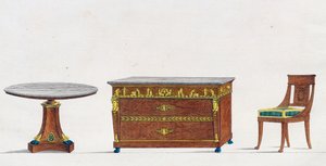 Table en acajou, commode et chaise, planche 241, illustration de Collection de meubles et objets de goût - Pierre de La Mesangere