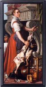 La cuisinière Jeune femme brodant de la volaille sur une broche de cheminée - Peinture de Pieter Aertsen (1508-1575) 1559 Dim. 165x85 cm Gênes, Musei di Strada Nuova (ex Palazzo Bianco) - Pieter Aertsen
