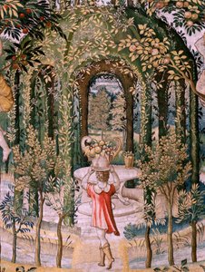 Tapisserie flamande. Série Vertumnus et Pomona; Vertumnus transformé en jardinier. Cinquième tapisserie de la série. Modèle Cercle de Pieter Coecke Van Aelst et Léonard Thiry. Manufacture Atelier inconnu, Bruxelles, avant 1560. - Pieter (circle of) Coecke van Aelst