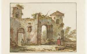 Bâtiment en ruine avec une ramasseuse de bois à droite