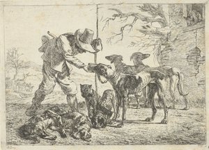 Chasseur avec sept chiens