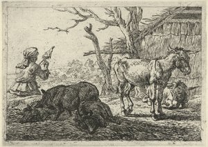 Femme filant, cochons et ânes