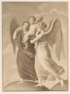 Deux anges portant un enfant à travers la séparation de deux mondes représentés comme des sphères