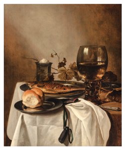 Un rouleau, hareng, salière en argent, grand Roemer et couteau sur une table drapée, c.1644