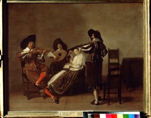 Soirée musicale. Trois musiciens et une jeune femme (au chant) - Pieter Codde
