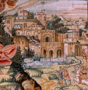 Tapisserie flamande. Série La Passion du Christ. La Descente de Croix. Deuxième série de tapisseries de la Passion du Christ appartenant au Patrimonio Nacional. Modèle de la cour de Jan van Roome. Manufacture Pieter va - Pieter Coecke van Aelst