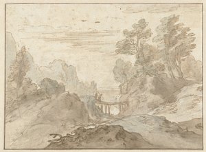 Paysage montagneux avec deux figures sur un pont étroit - Pieter Dircksz van Santvoort (possibly)