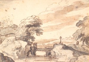 Paysage avec un vieux pont sur un ruisseau