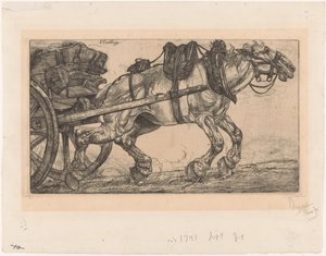 Cheval de trait devant une charrette (L