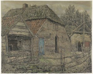 Grande grange paysanne avec un enclos à cochons devant - Pieter Dupont