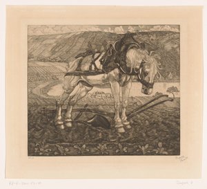 Cheval labourant sur une colline