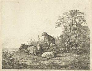 Berger et bergère avec troupeau de bétail - Pieter Gaal
