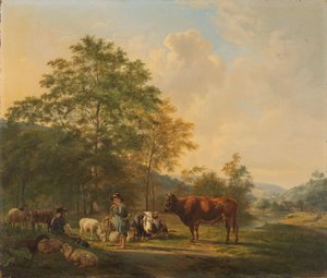 Paysage vallonné avec berger, conducteur et bétail