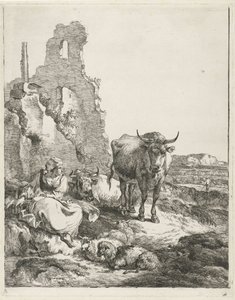 Paysage avec une vache debout et une vache couchée et une bergère devant une ruine - Pieter Gerardus van Os