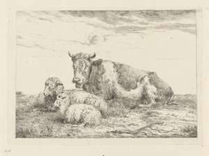 Vache endormie avec mouton et agneau - Pieter Gerardus van Os