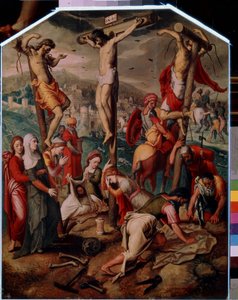 Calvaire. Sur le Golgotha, Jésus-Christ crucifié avec les deux autres condamnés à mort. Il porte la pancarte INRI sur la croix. Au pied, Sainte Marie Madeleine pleure la mort de Jésus, son flacon est renversé sur le sol. Sainte Véronique - Pieter I Pietersz