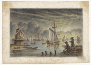 Vue côtière avec bateaux, moulin et un dessinateur - Pieter Louw (attributed to)