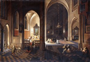 Une église la nuit avec un prêtre célébrant la messe dans une chapelle latérale - Pieter Neeffs