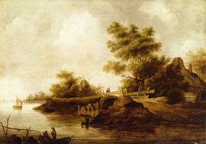 Paysage fluvial avec des personnages dans une barque et un voyageur sur un pont (huile sur panneau)