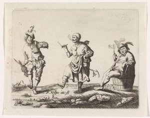 Paysans dansant et un homme sur un tonneau - Pieter Nolpe