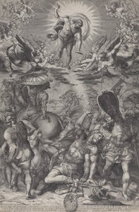 La conversion de Saul, qui gît sur le sol entouré de chevaux et de soldats alors que le Christ, 1583 - Pieter Perret