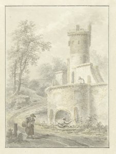Paysage avec pêcheur et femme marchant près d