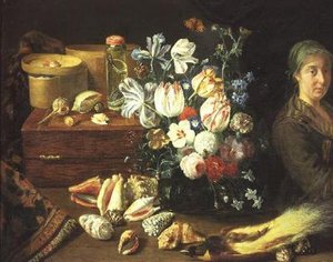 Nature morte, fleurs, coquillages, serpents, oiseau et une femme debout