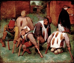 Les estropiés Groupe de personnages handicapés, cul-de-jatte. Peinture de Pieter Bruegel l