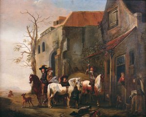 Cavaliers et chevaux à la porte d