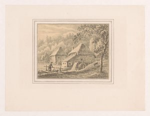 Paysage avec un moulin à eau et une grange