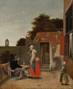 Un homme fumant et une femme buvant dans une cour, vers 1658-60